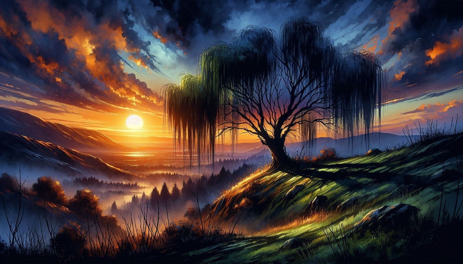 A weeping willow at sunset