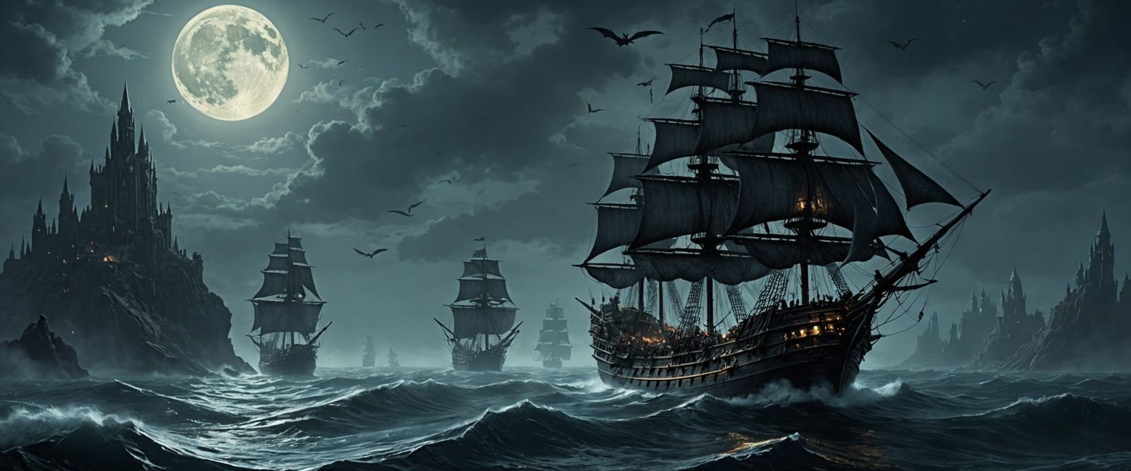 Galleon on a moonlit sea  by @Being33