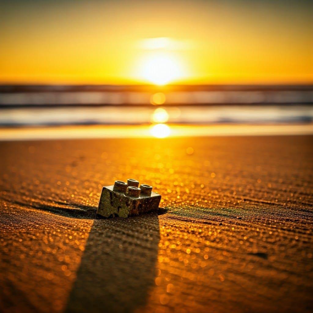Golden Beach Sunset with Lone Lego Brick