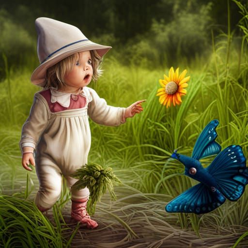 A happy baby playing in a meadow with butterfly and a scarec...