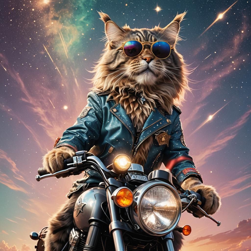 Mainecoon Cat Rides Motorcycle in Celestial Scene