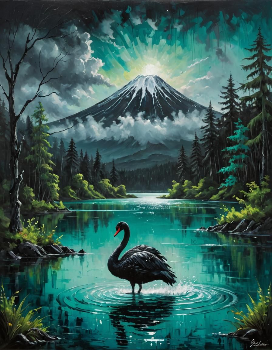 painting, a pitch black gorgeous swan painted with matte black paint, silver highlights, thick brush strokes, grunge style, merging perfectl...