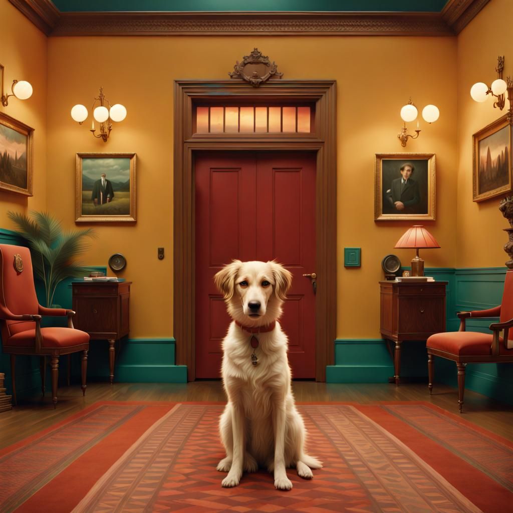 Fantastic Mister Dog, Wes Anderson style, amazingly hyperdet...