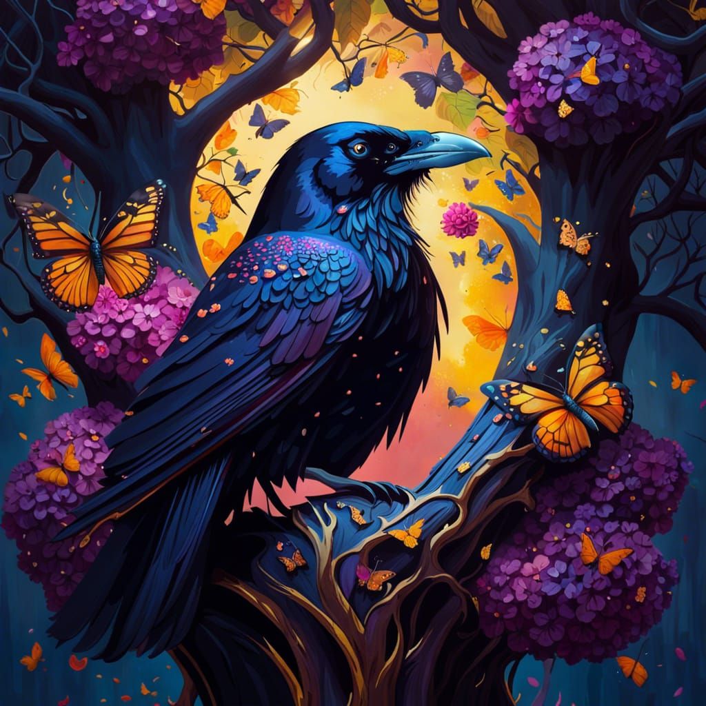 Hyper-Realistic Raven in Floral Forest, Dynamic Lighting