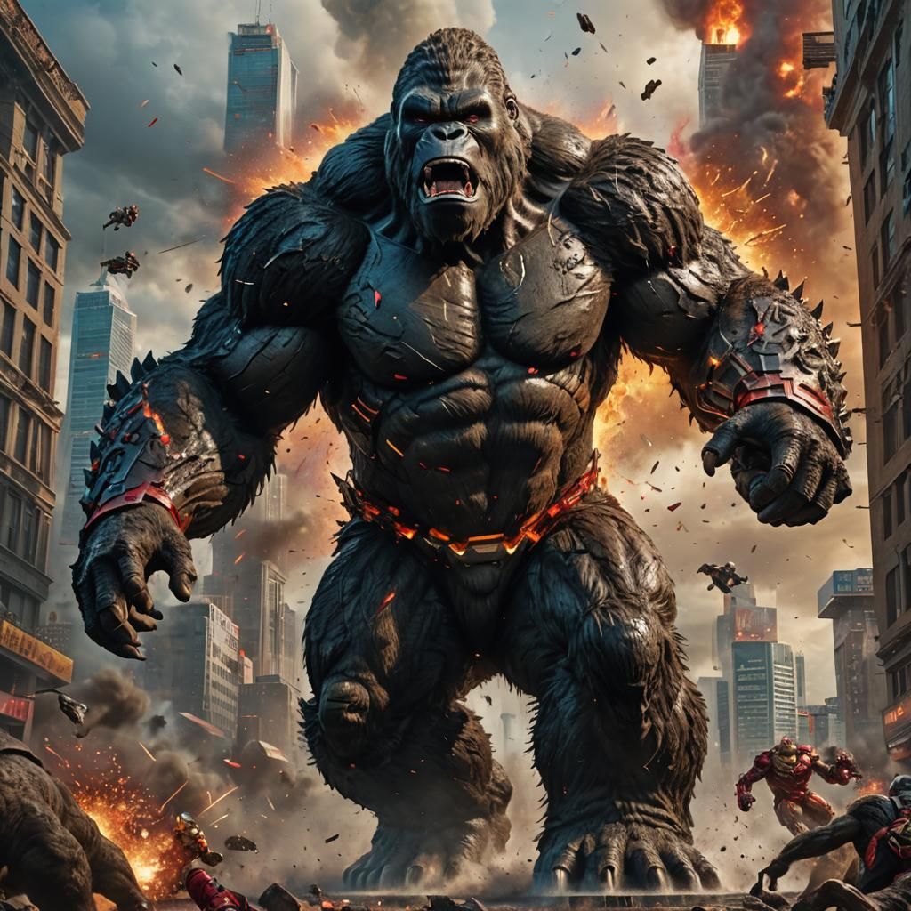 realistic kingkong with ironman armor 8k full details attacks Godzilla ...