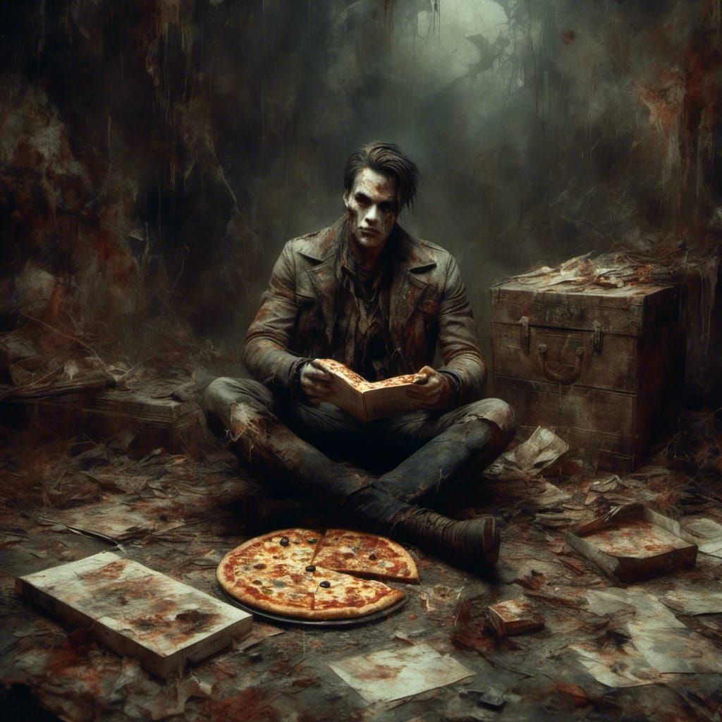 Handsome Man sitting on floor with legs crossed and pizza bo...