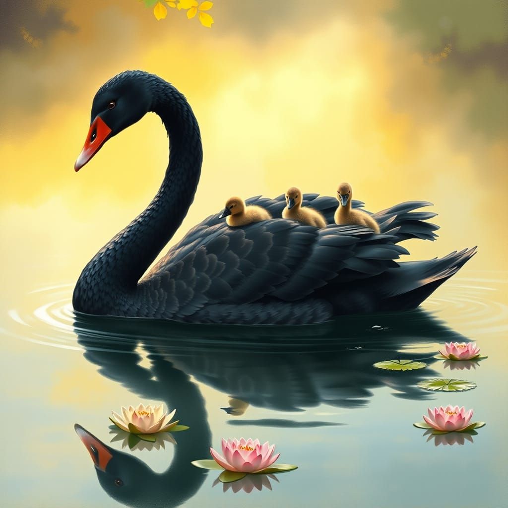swimming black swan with babies on it back  by @Pukinette
