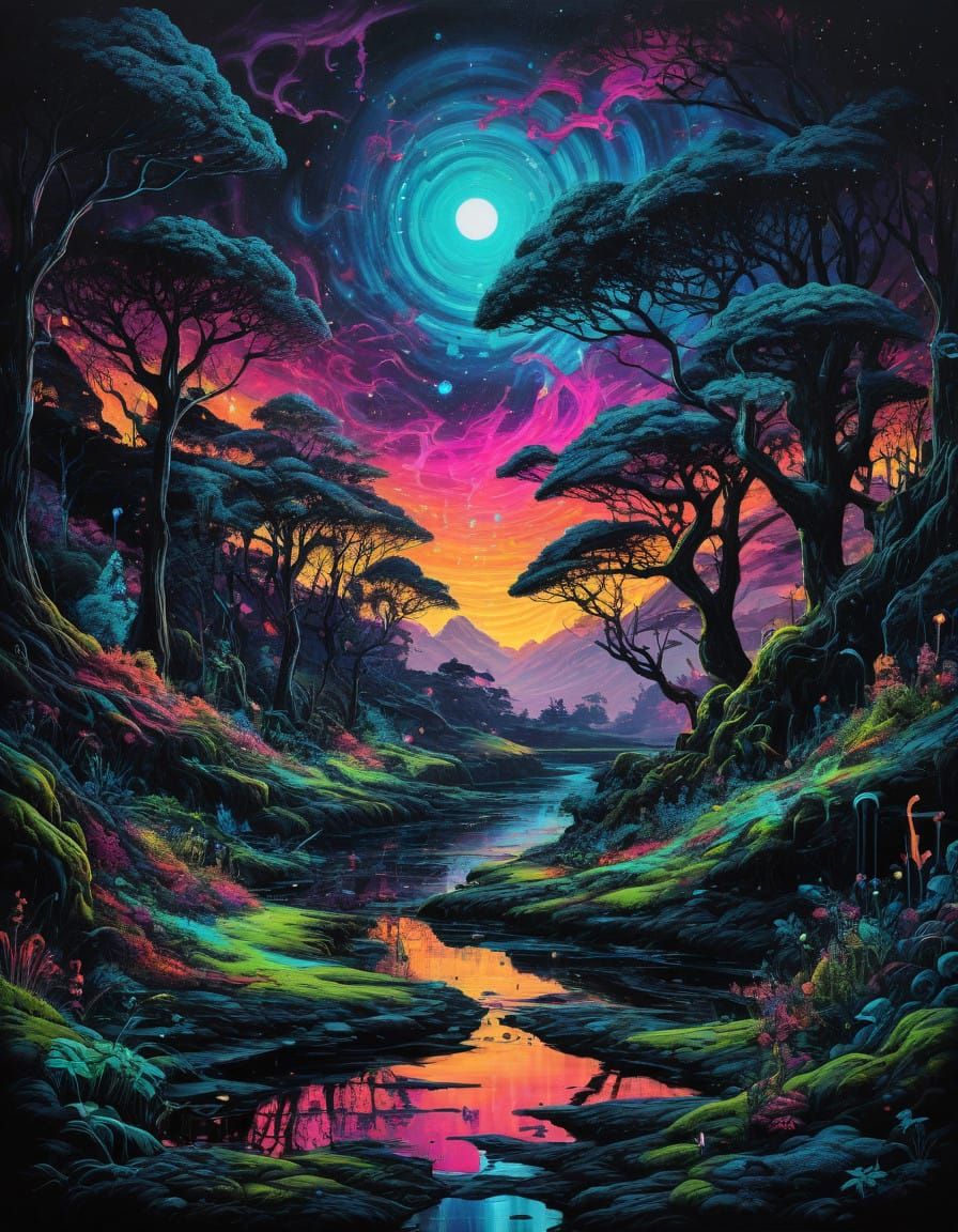 Hyperdetailed Metaphysical Painting, neon contrasts ink, Cryptic Spectral Twilight Singularity