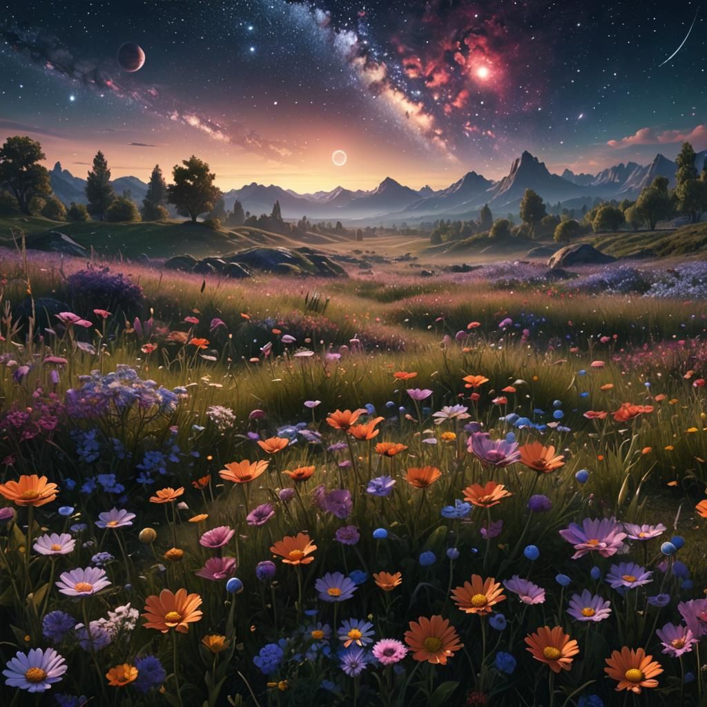 A flower meadow with the night sky above it, planets and gal...