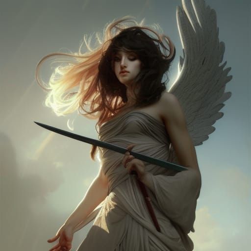 female angel , full body, redhear, black wings , sword on ha...