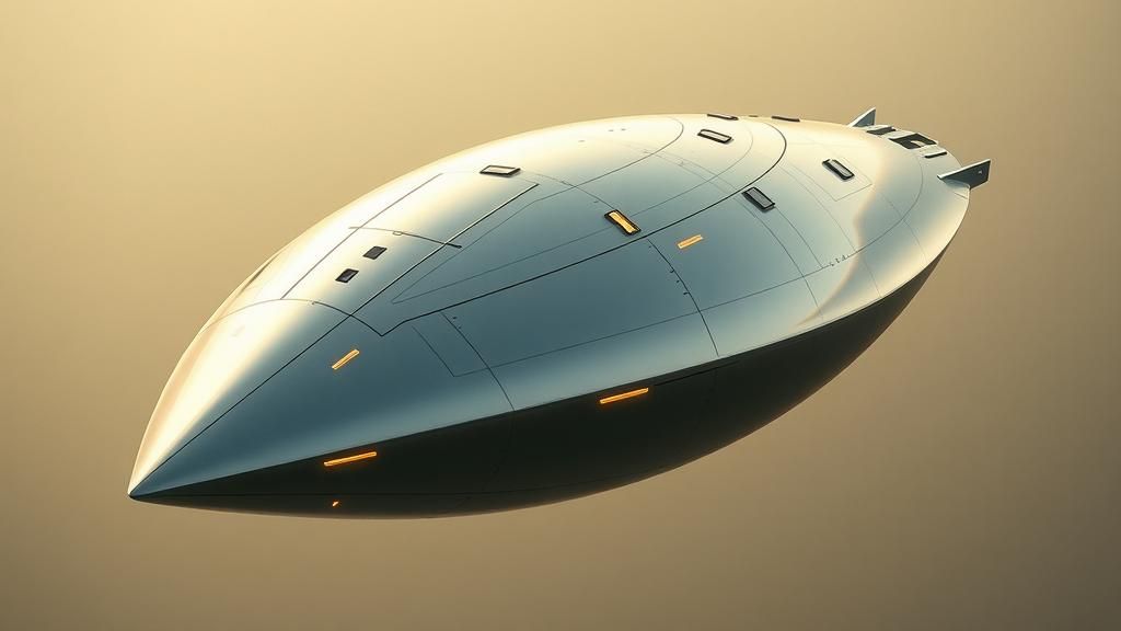 very large blunt oblate needle shaped chrome spaceship, no p...