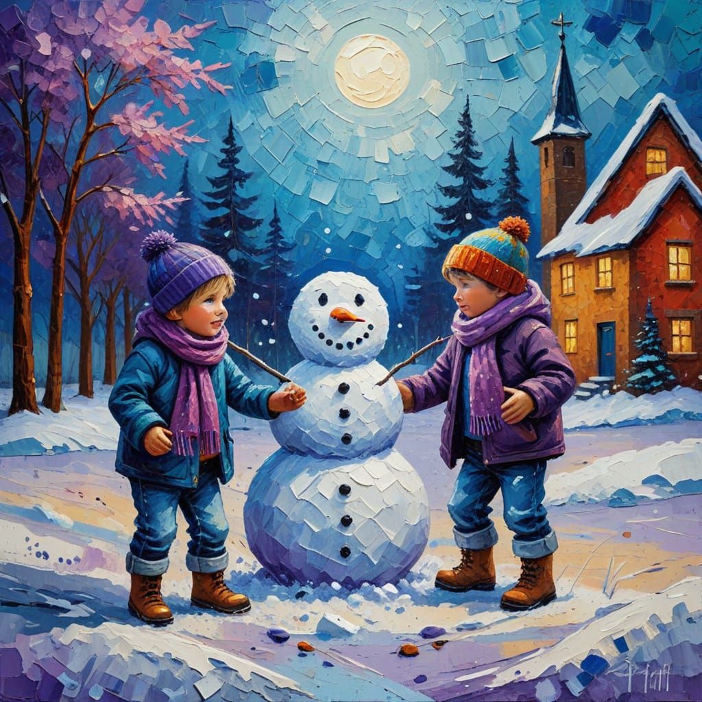 Two toddler boys building a snowman.