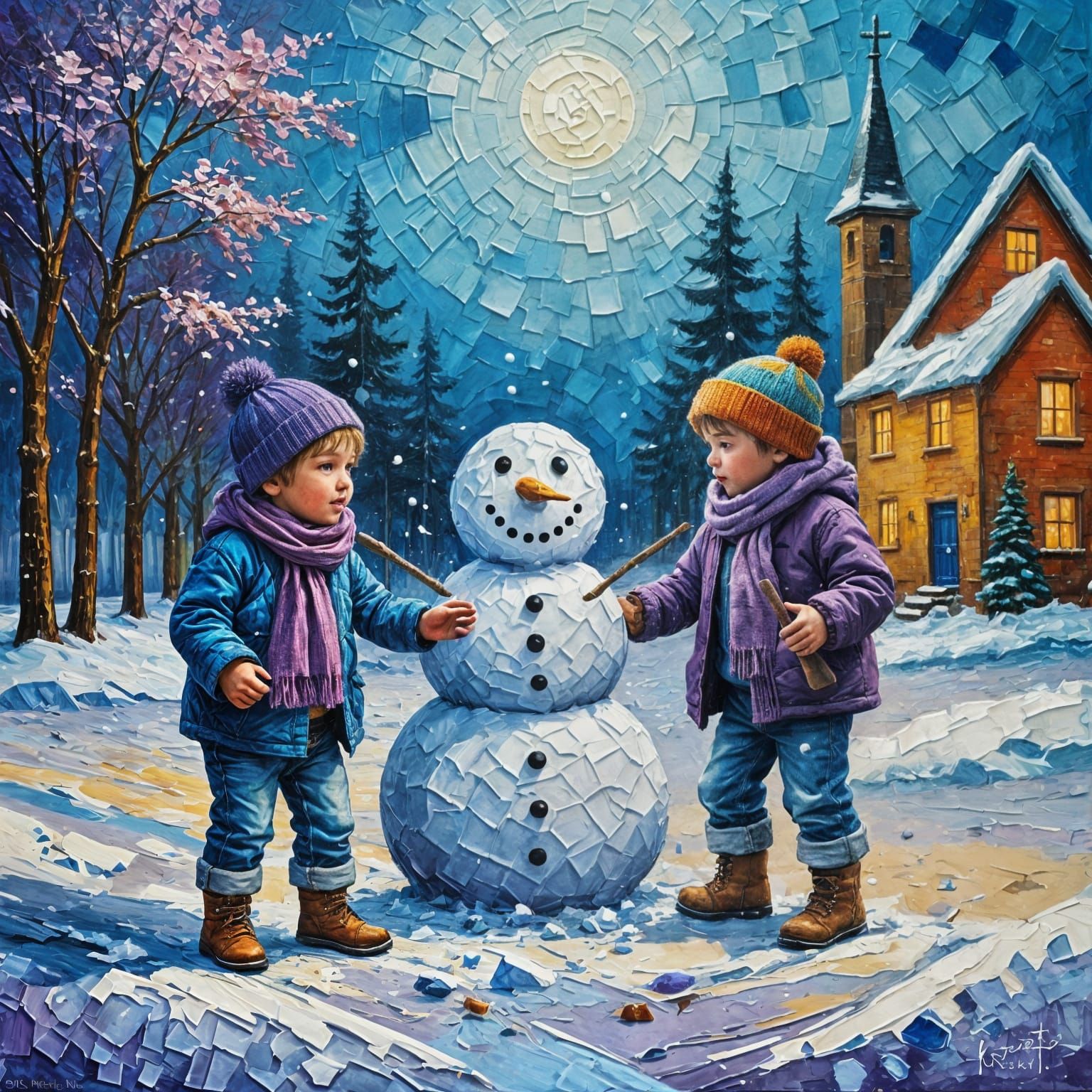 Two toddler boys building a snowman.  by @Papillon