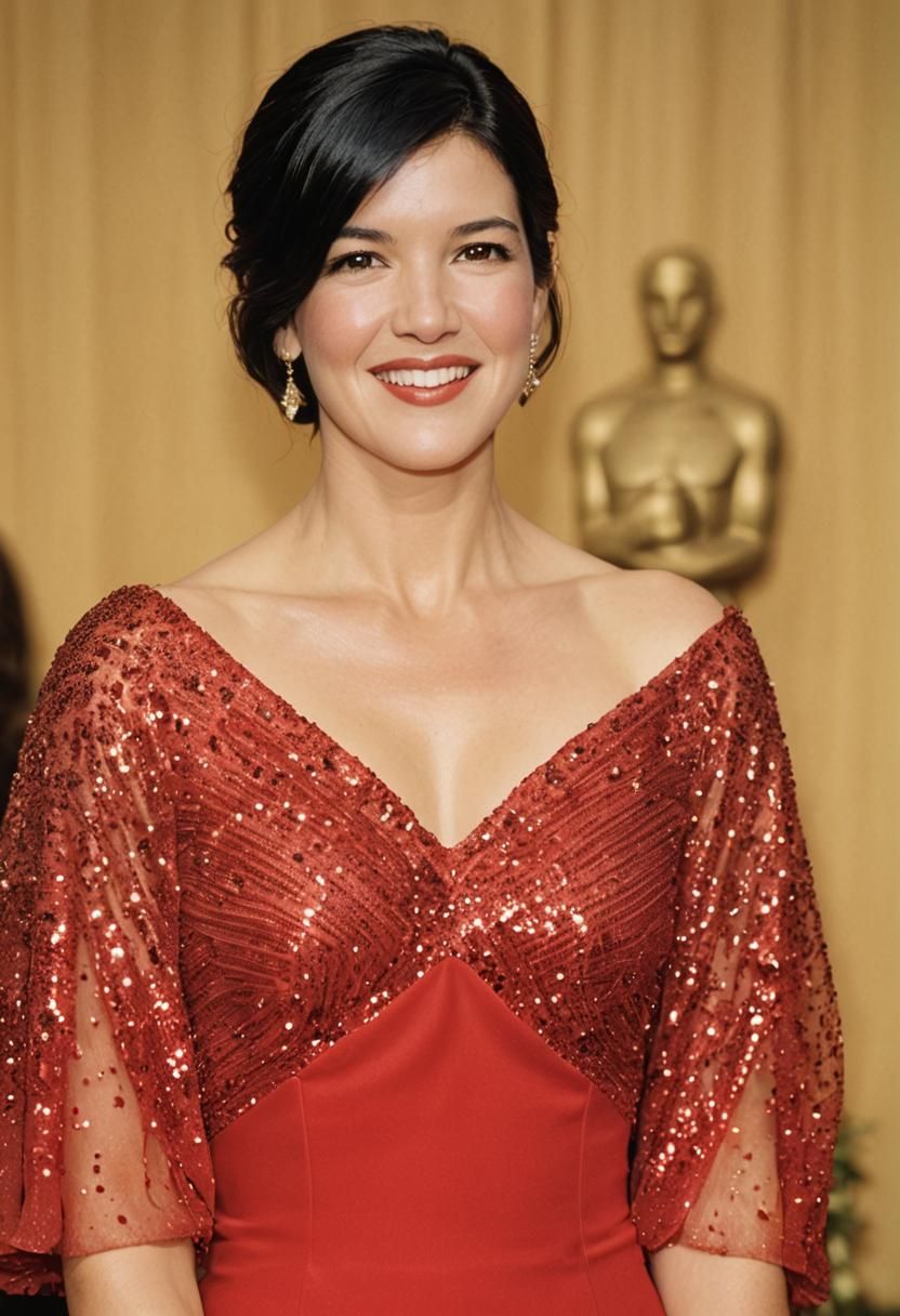 Mary Elizabeth Winstead with dark hair and a warm smile, wearing a red sequined gown, stands in front of a golden backdrop. She exudes confidence and e...