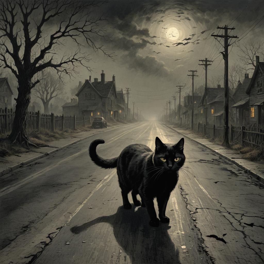 Black cat superstition spooky single cat crossing road very dark  by @Flossom23