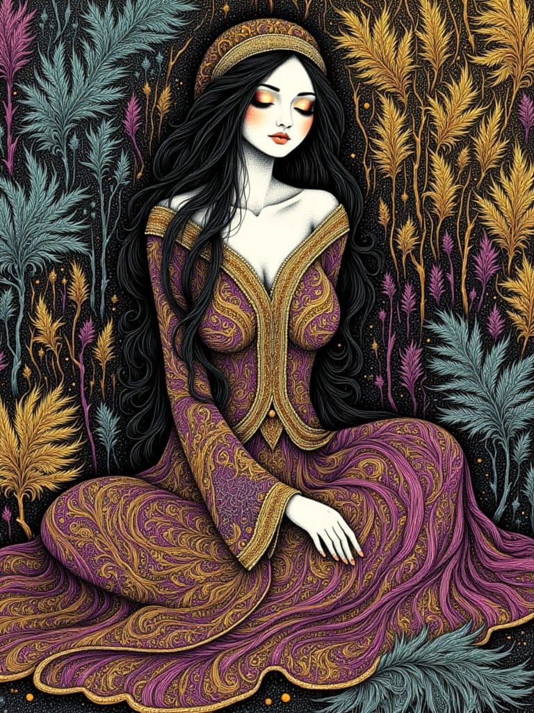 <lora:Scratchboard:1.0> <lora:Midjourney girls:1.0>  scratchboard art, very fine lines, intricate details, female gypsy woman, sitting cross...