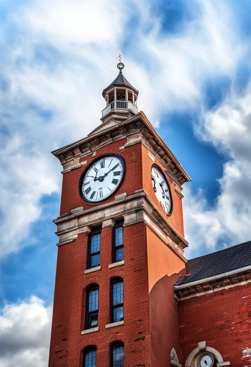 A clock tower in a brick building in a small town. intricate details, HDR, beautifully shot, hyperrealistic, sharp focus, 64 megapixels, per...