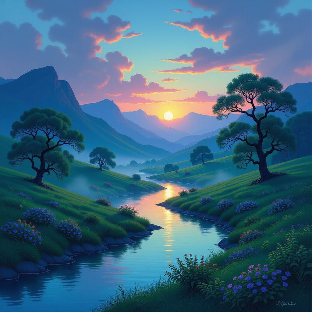 
A tranquil yet vibrant landscape where every element glows with an inner light.