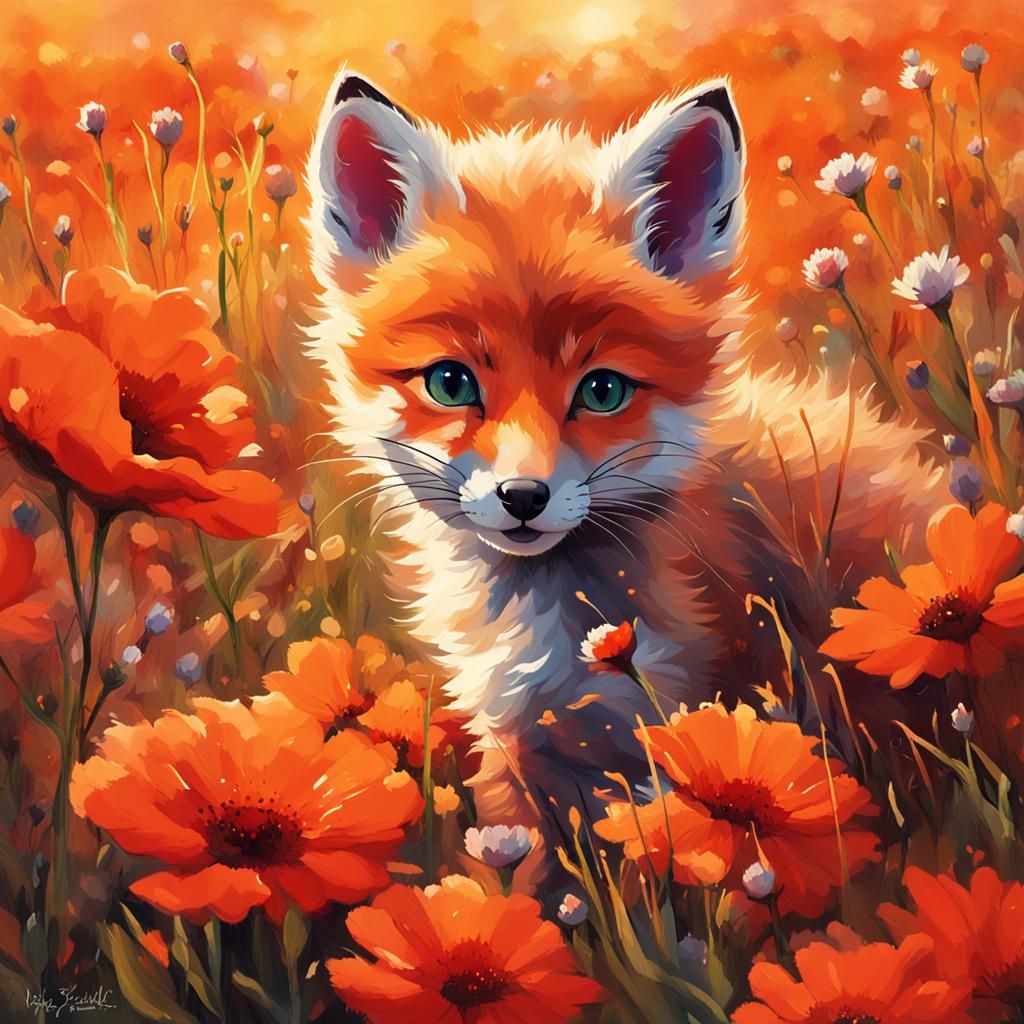 un bébé renard dans une prairie fleurie  by @julien salmon