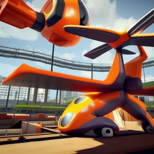 Giant neon orange pokemon helicopter 