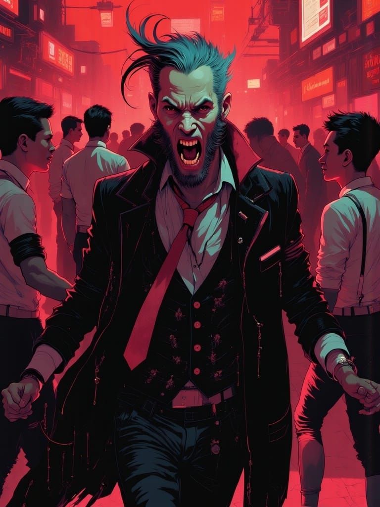 illustration by <lora:CyberCoreFlux:1.0> depicting mid-action mean male vampire with unkempt appearance charging at you with wild expression...