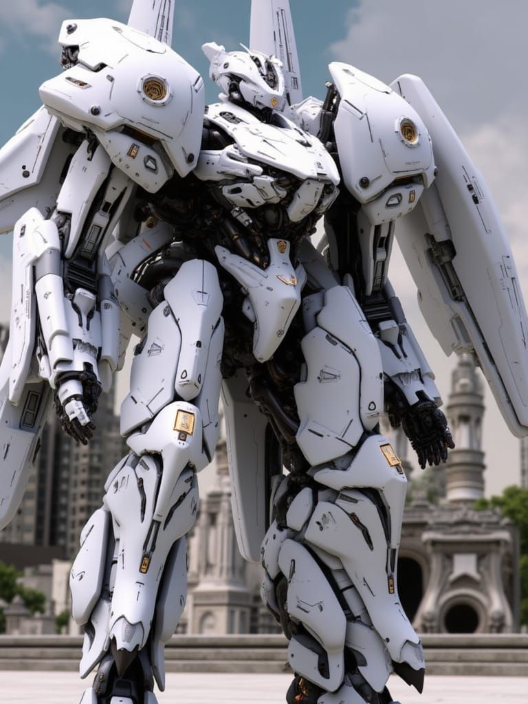 <lora:Brutalcore Mecha:1.0> A massive heavy macross inspired white mech , numerous weapons standing on a city street
