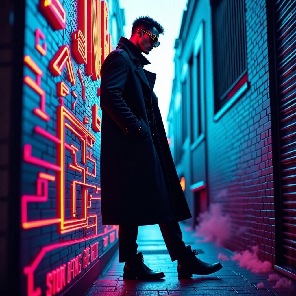 <lora:SynthwaveFluxV1:1.0> A mysterious figure in a trench coat and mirrored sunglasses, leaning against a wall covered in graffiti while s...
