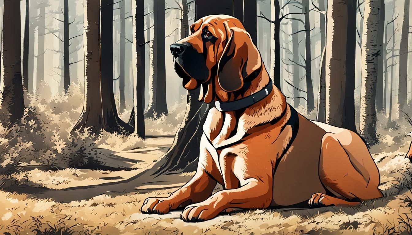 The bloodhound stands in a sunny forest