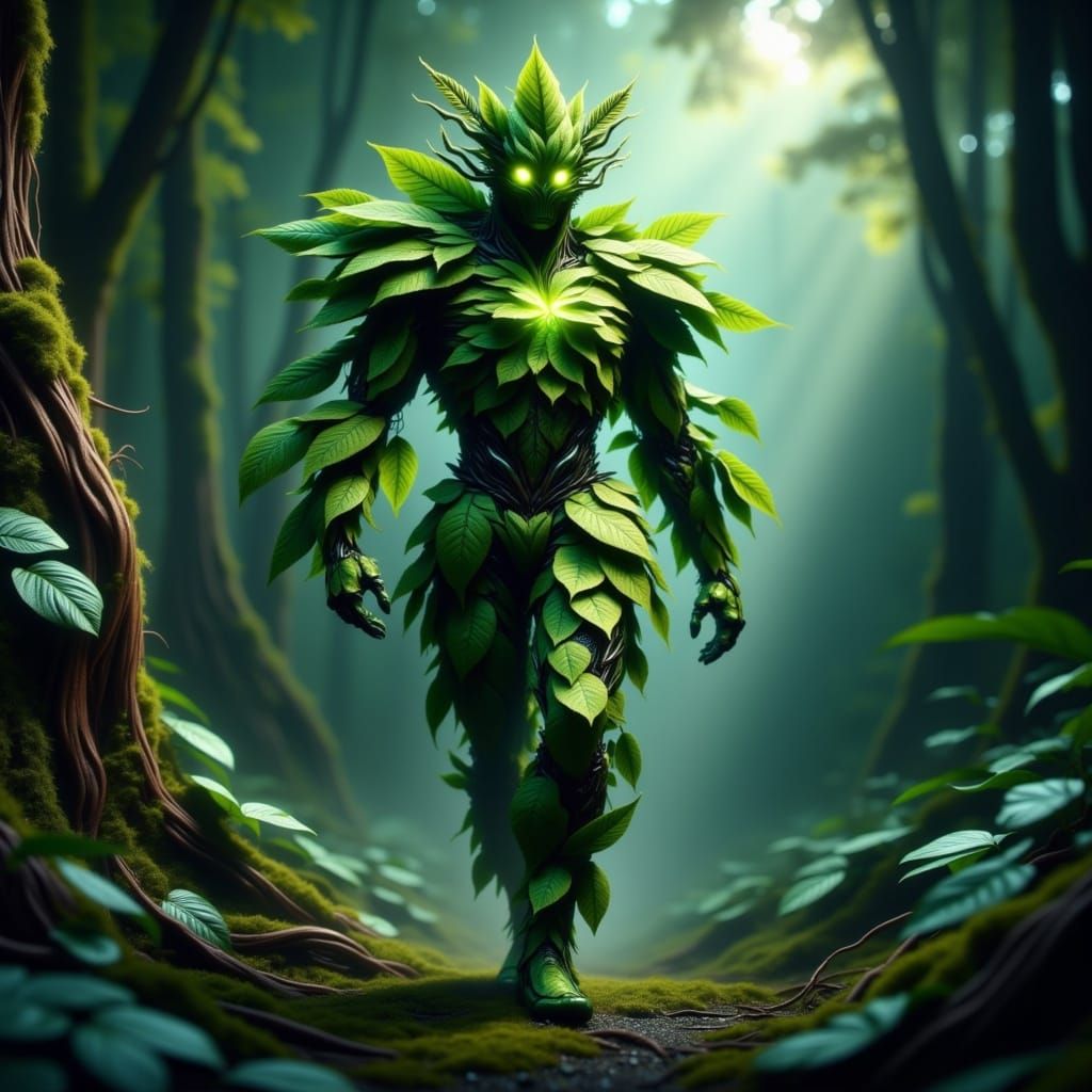 full body portrait of a cyborg (impressive cyborg made of leaves: 1.7), half leaf-creature half cyborg, (meticuosly detailed mechanical gear...