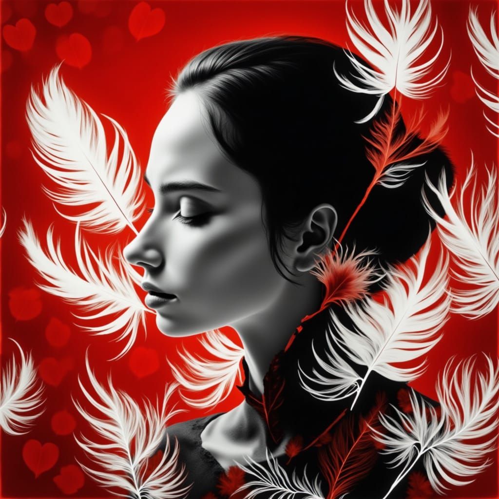 <lora:RBW:1.0> Photgram rayograph, feathers, , branches and flowers in  in red, black and white