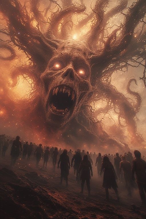 Terrifying evil gargantuan ghost apparition towering over co...