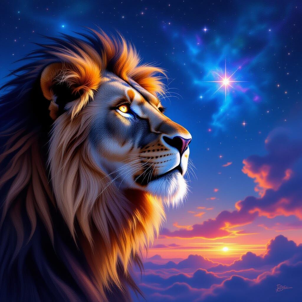 Lion With Starry Eyes Gazing at Celestial Night Sky
