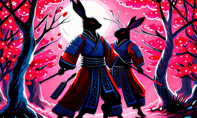 Red samurai rabbits
Dancing through cherry blossoms
Death's night mourning hyperdetailed intricately ...  by @Dorkish