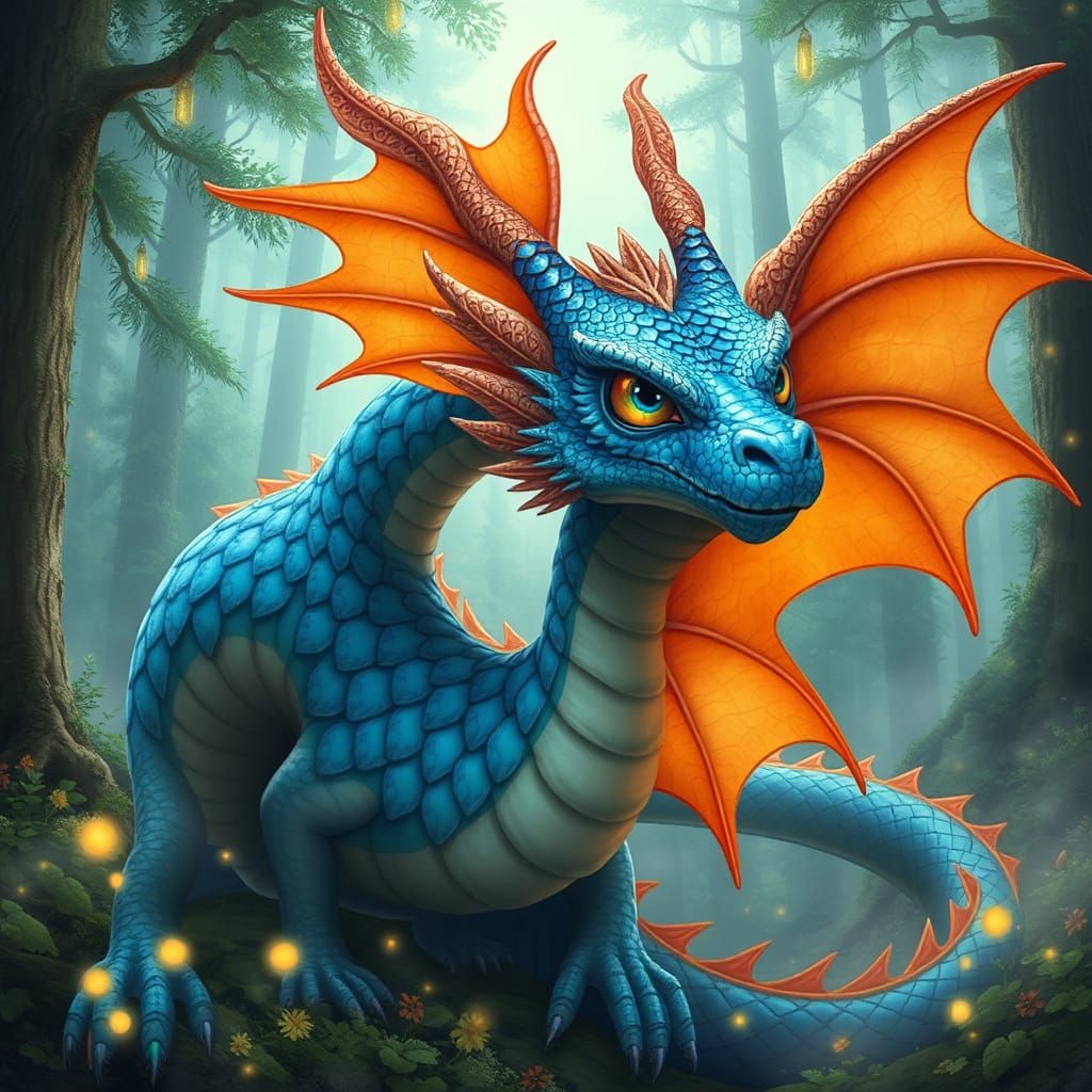 A mystical creature resembling a Big dragon with sapphire-bl...
