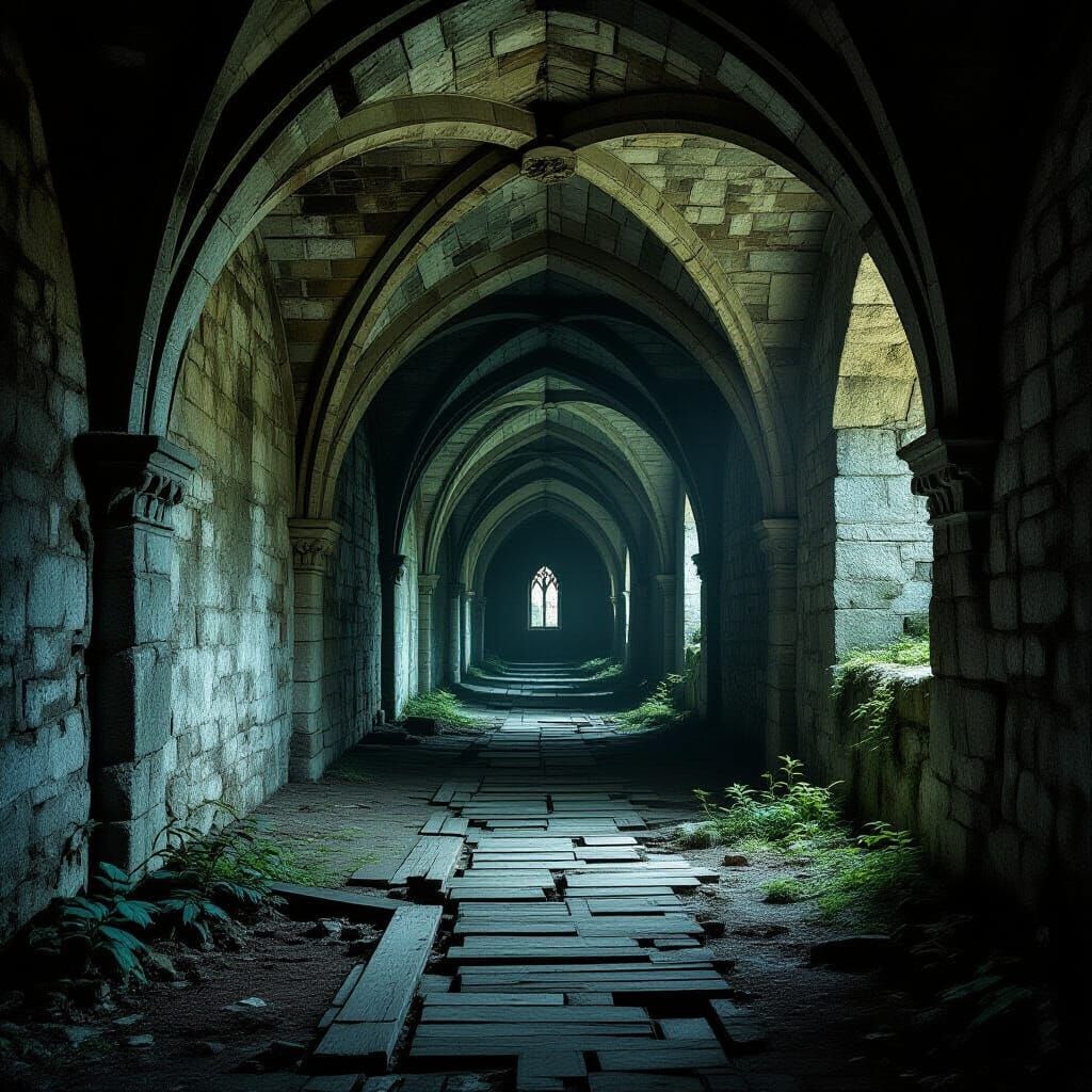 interior of an ancient medieval vaulted crypt, viewed from a 45-degree diagonal angle, revealing the depth of the arched stone hall, in a da...