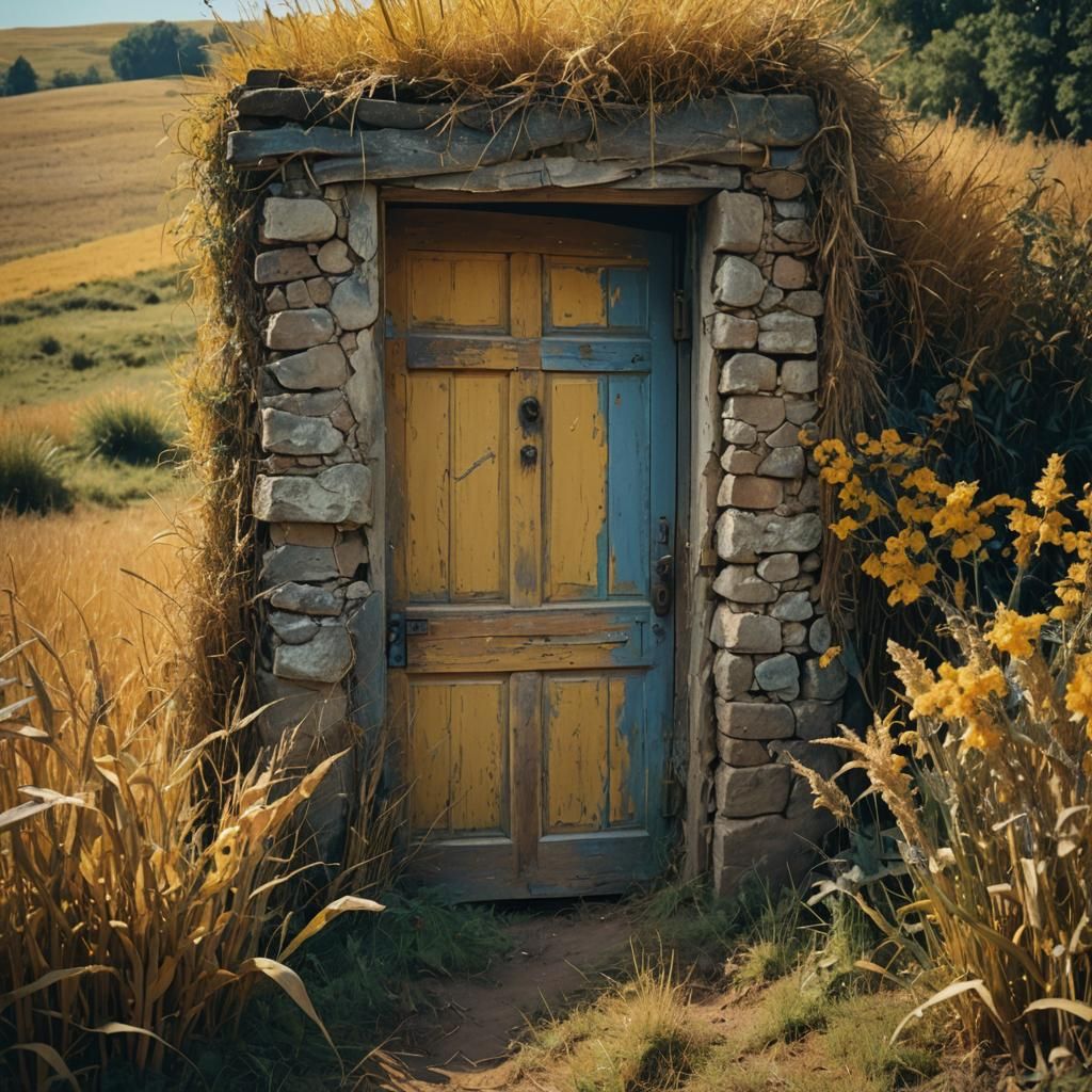 an old half-open door leading to a field mysterious atmosphe...