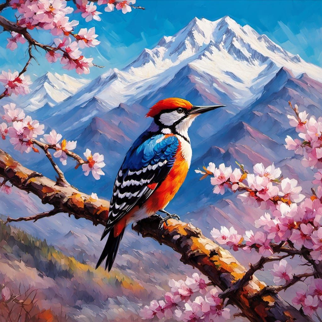 Coloured woodpecker in front of a coloured world  by @Castorix