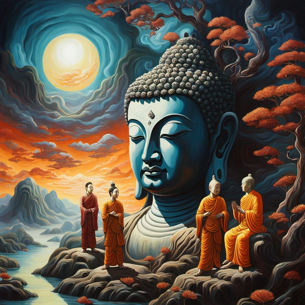 Surrealist Buddha Figures in Melting Oil Painting Style