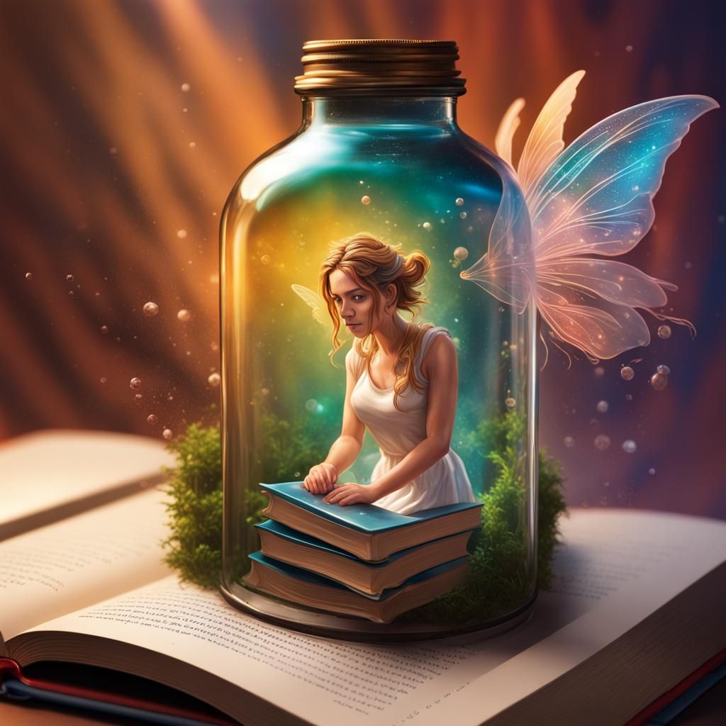 A fairy in a bottle coming out of a book