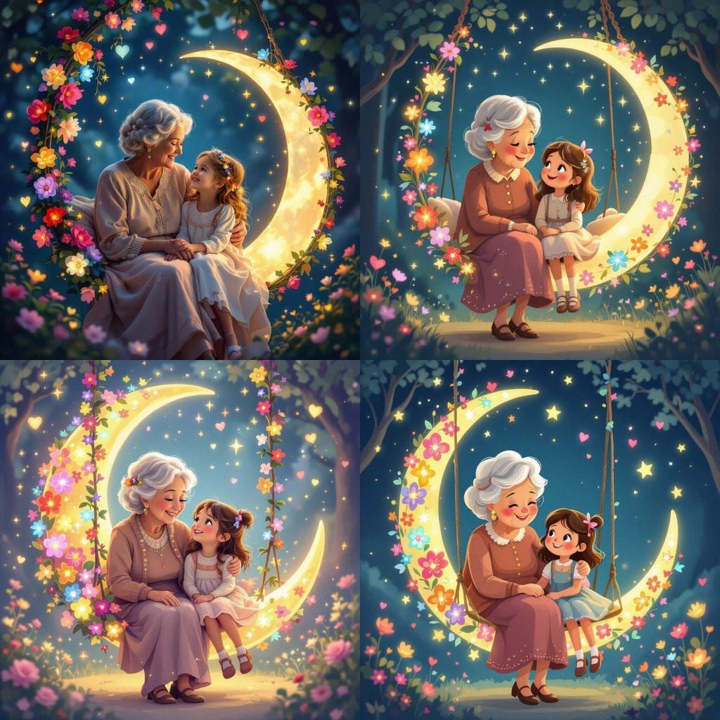 Grandmother and Granddaughter on a Magical Moon Swing