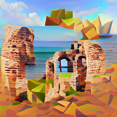 Old ruins over the sea renaissance painting stock photo abstract low poly