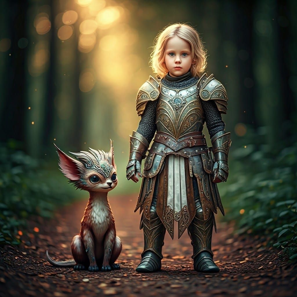 Child Warrior and Mythical Creature in Enchanted Forest