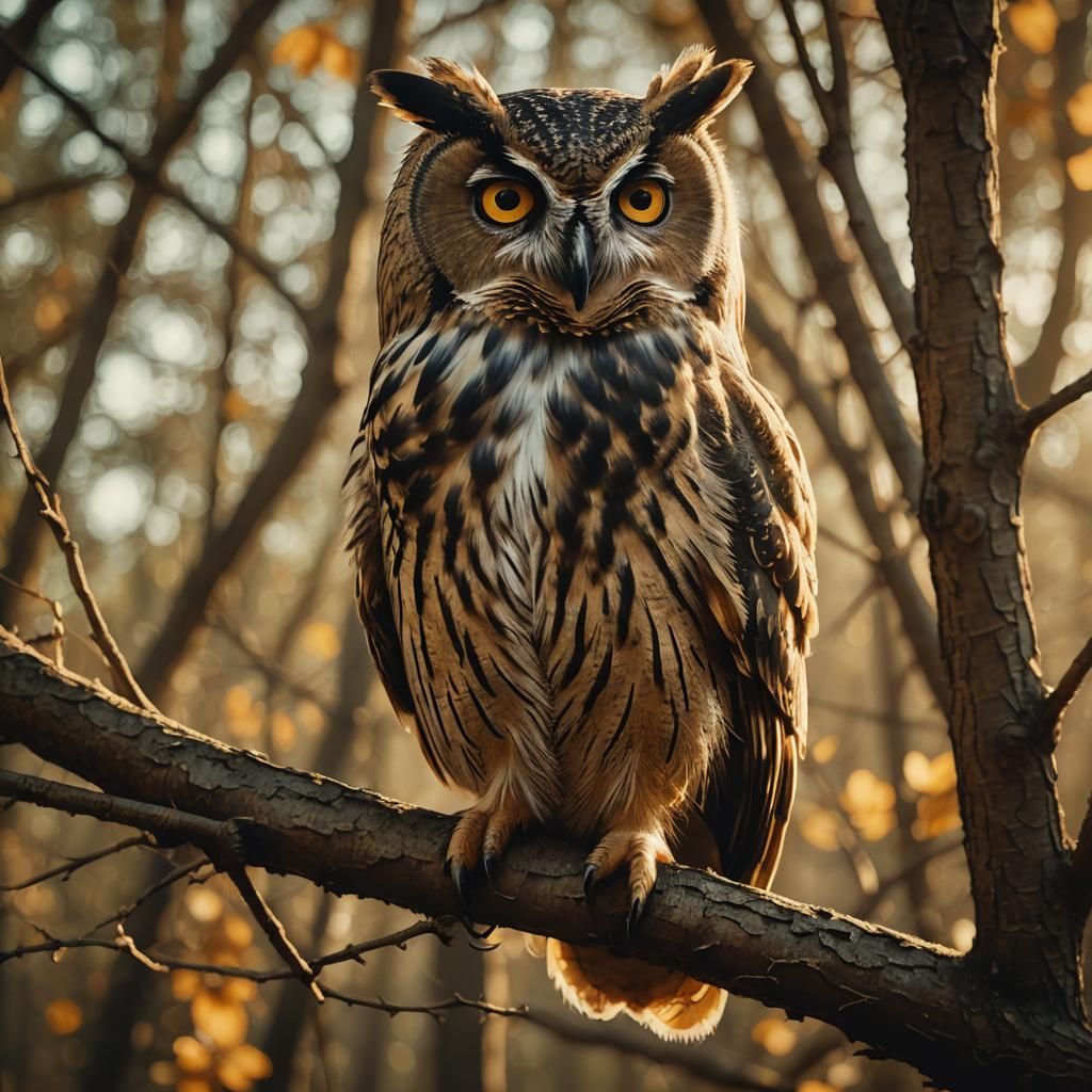 An owl perches gracefully on a branch during golden hour, its feathers bathed in warm, amber light. The soft glow of the setting sun illumin...