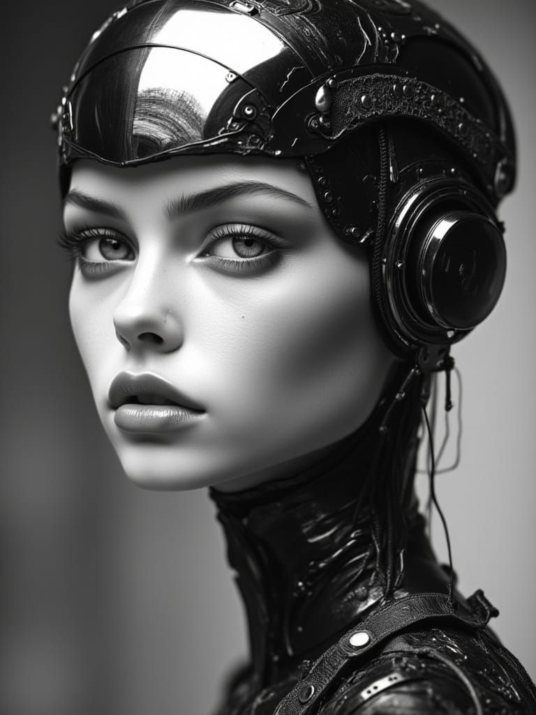 <lora:Double BlackWhite v1:1.0> Hyper-realistic black and white portrait of a woman-cyborg, her face a mesmerizing fusion of human and machi...