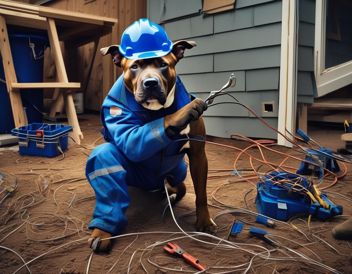 Brown American Stafford Shire Bull Terrier, an electrician i...