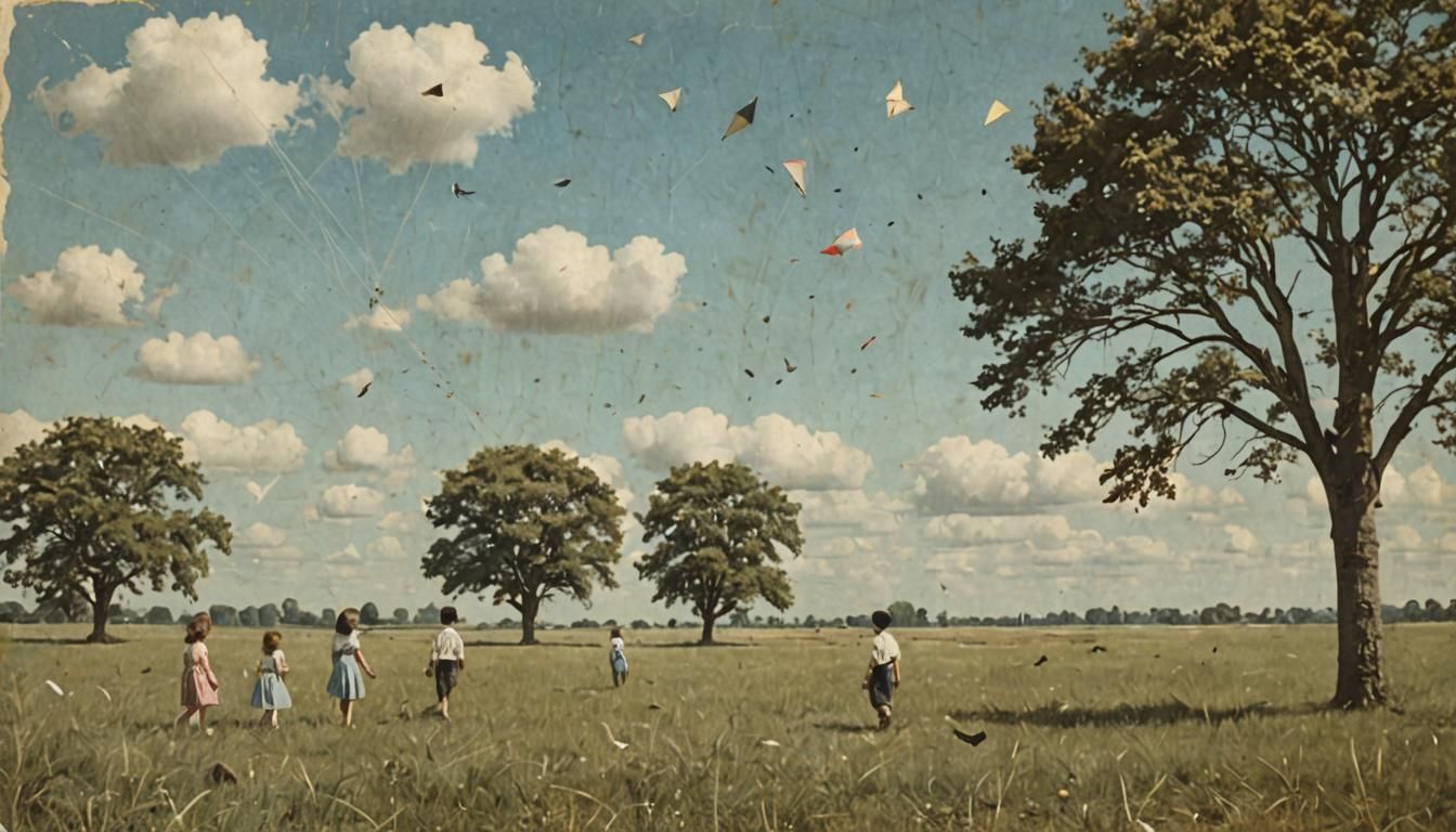 A large grassy landscape. white clouds and birds in the blue...