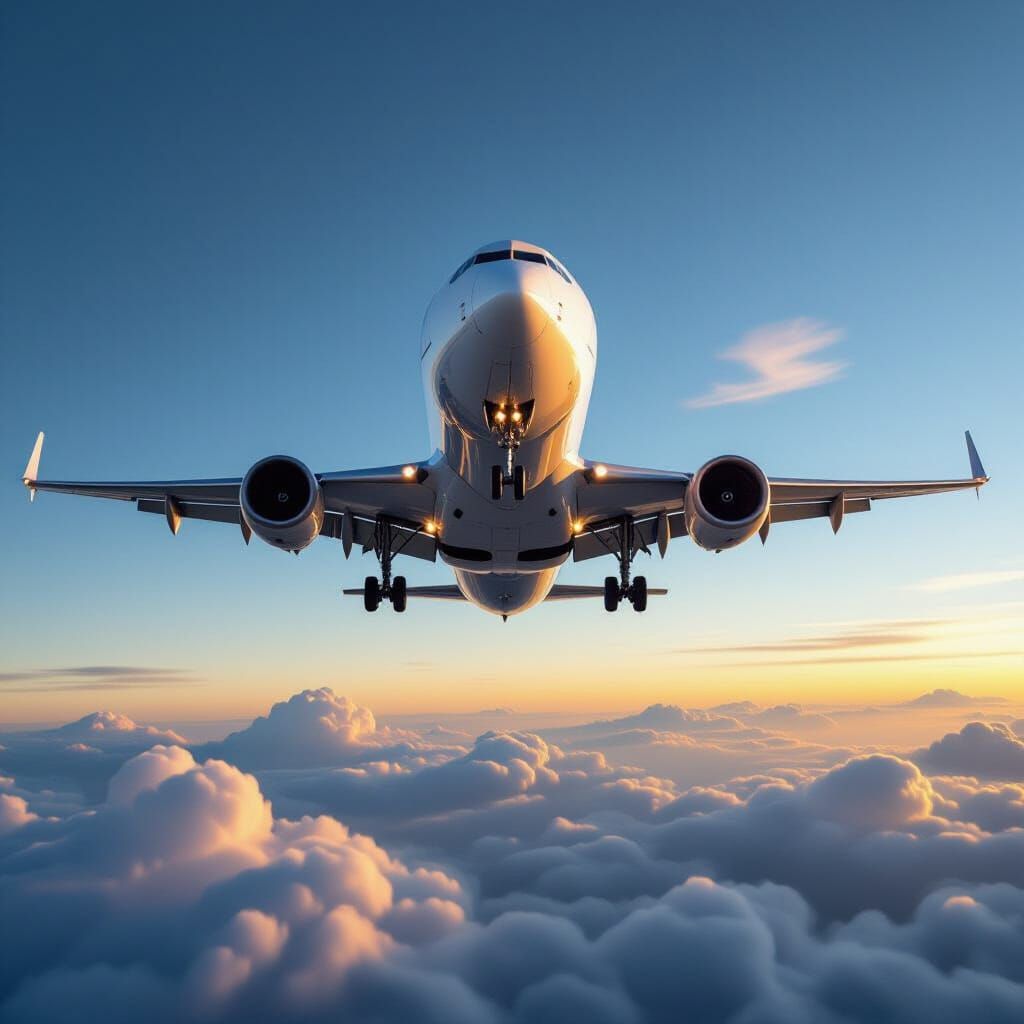 Giant Airplane Soaring in Golden Hour Light