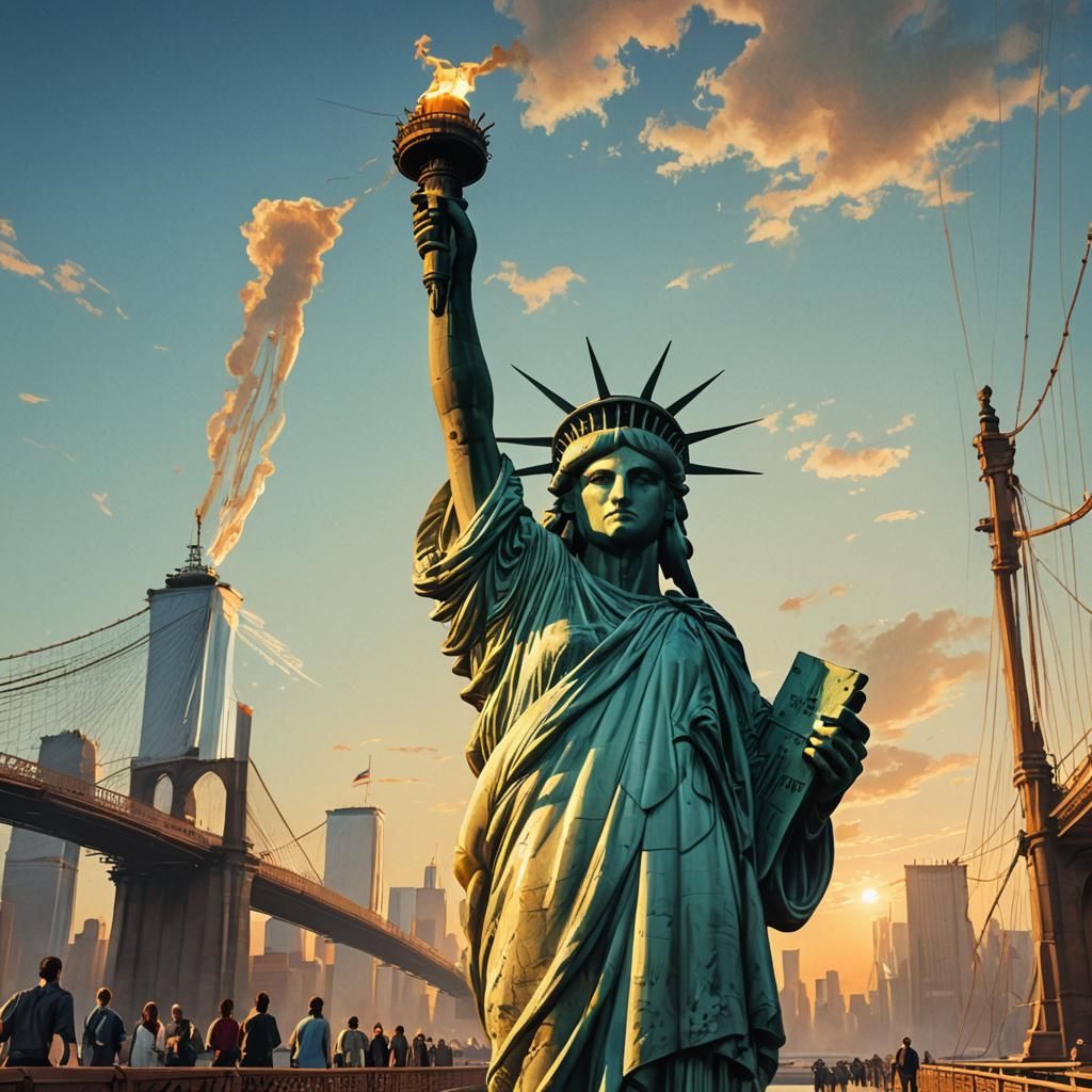 Statue of liberty walking on the brooklyn  bridge