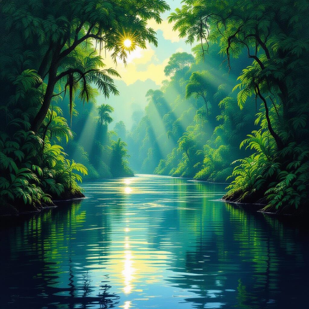 Lush Amazon Rainforest River with Dappled Sunlight