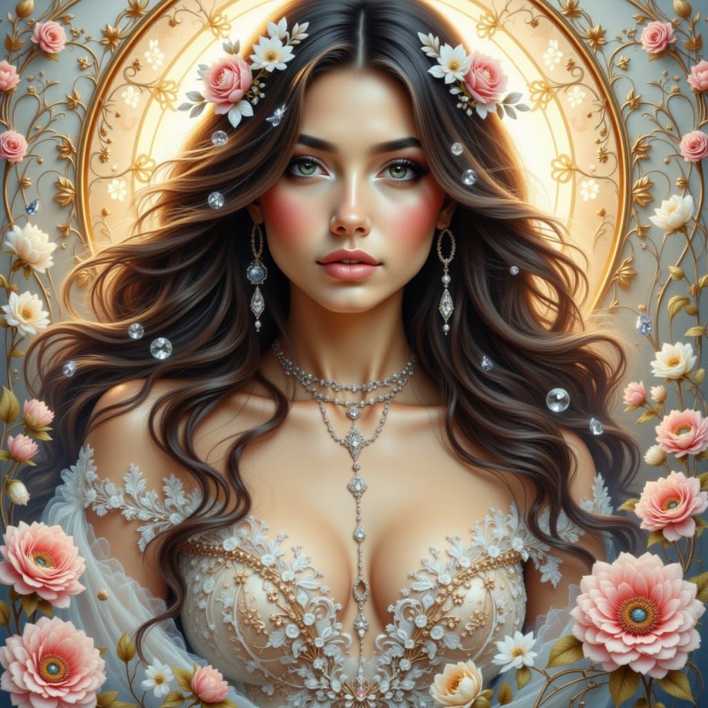 Ethereal Woman in Floral Gown with Dreamlike Lighting